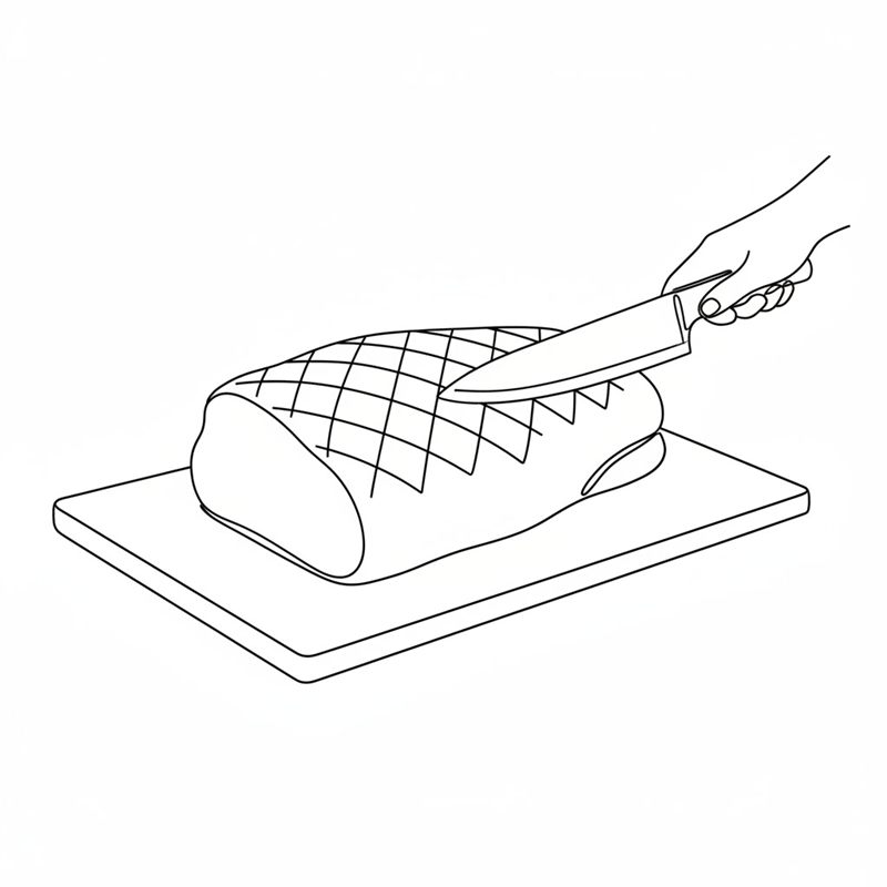 Un cuchillo hace cortes en cuadrícula en la capa de grasa de una pieza entera de carne deshuesada sobre una tabla de cortar