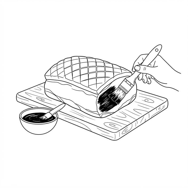 Un pincel unta un adobo espeso de salsa barbacoa sobre el lateral de la pieza; la parte superior con la grasa queda sin untar; un cuenco pequeño con el adobo al lado