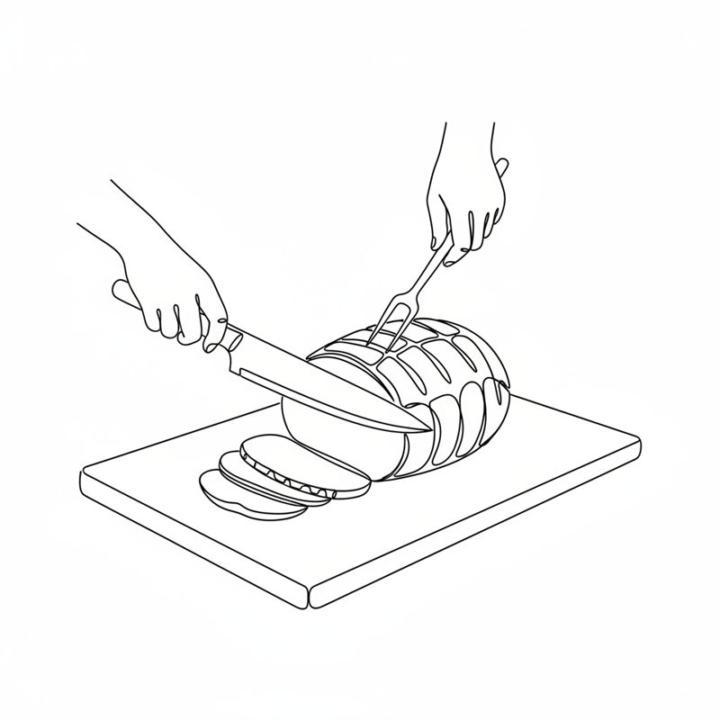 La pieza ya asada, con la capa de grasa crujiente marcada en cuadrícula, se corta en lonchas finas con un cuchillo y un tenedor de trinchar; las lonchas quedan dispuestas en abanico