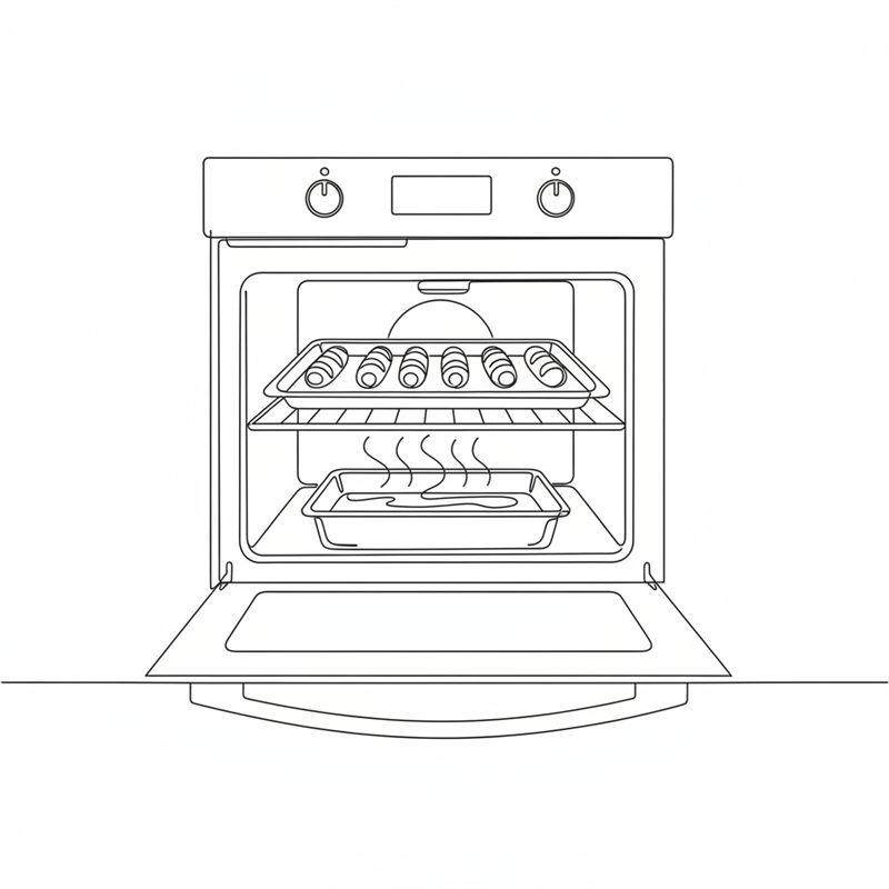 Ilustración: un horno abierto con una bandeja de panecillos a media altura y una bandeja honda con agua humeante en el fondo