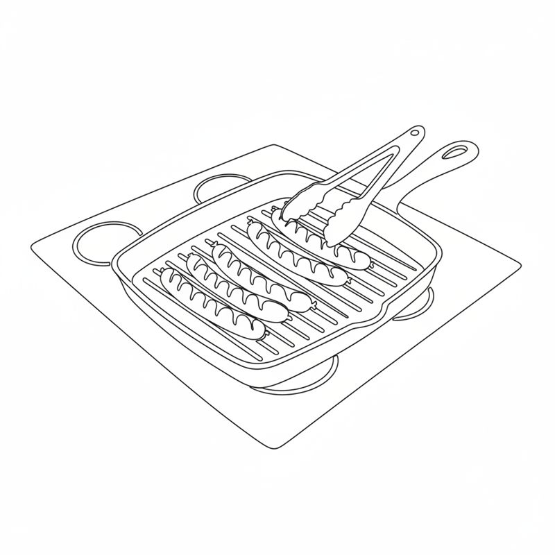 Ilustración: salchichas en una sartén acanalada y unas pinzas dando la vuelta a una de ellas