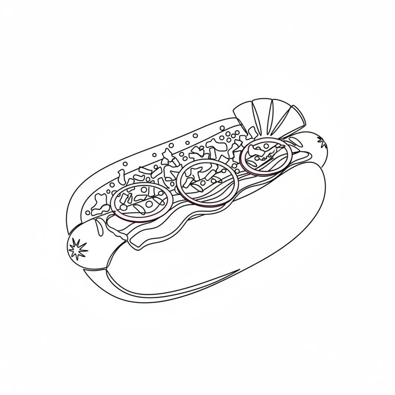 Ilustración: perrito caliente terminado con bacon, cebolla encurtida, cebolla crujiente, ensalada de pepino y mostaza