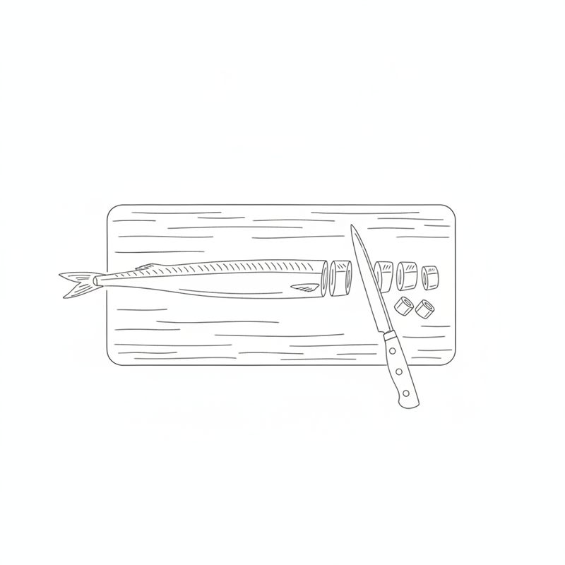 Ilustración: un pescado aguja largo y delgado, sin cabeza, sobre una tabla de cortar mientras un cuchillo lo corta en trozos cortos