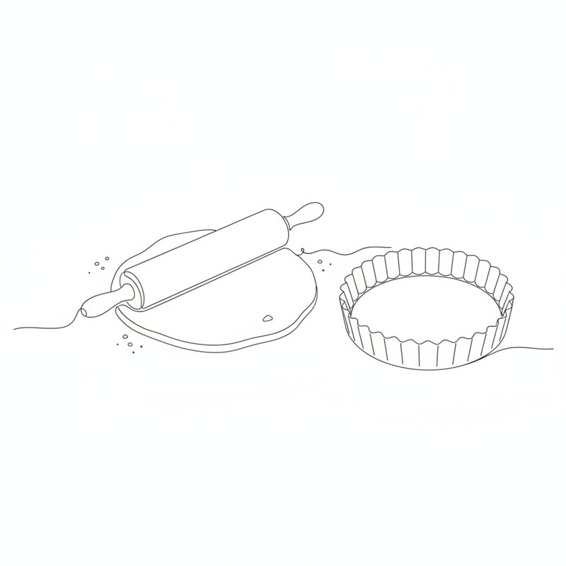 Ilustración: un rodillo estira una lámina de masa sobre la encimera enharinada junto a un molde de quiche acanalado vacío