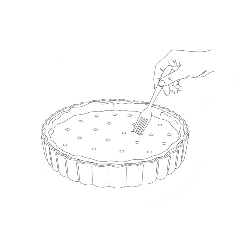 Ilustración: un tenedor pincha la base de una quiche colocada en un molde acanalado