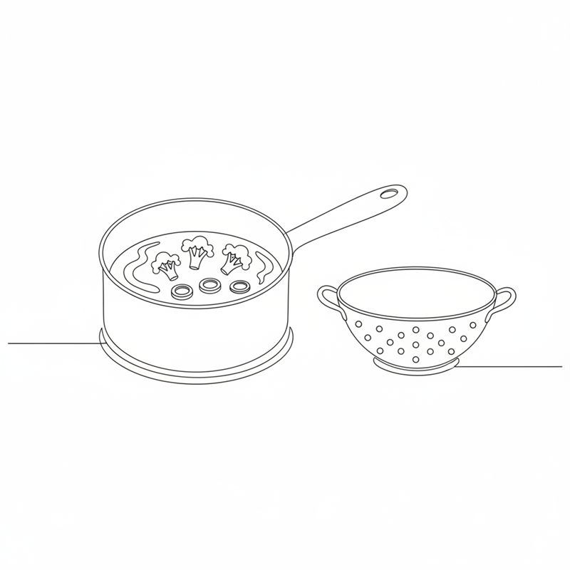 Ilustración: ramilletes de brócoli y aros de puerro cociendo en un cazo, con un colador preparado al lado