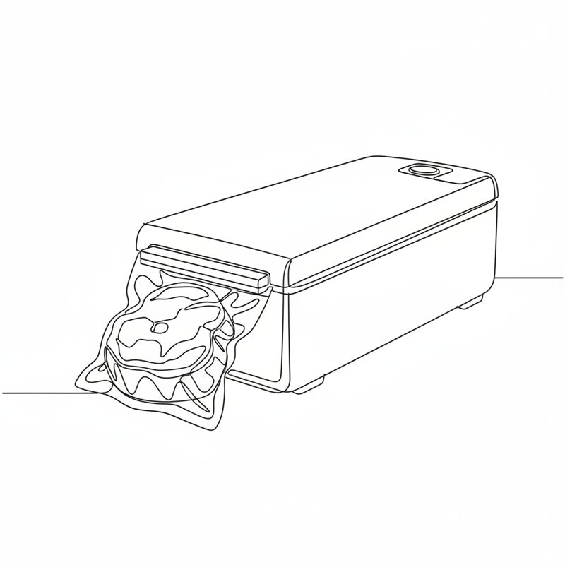 Una bolsa de vacío con la carne se sella en una envasadora; la bolsa queda pegada a la carne
