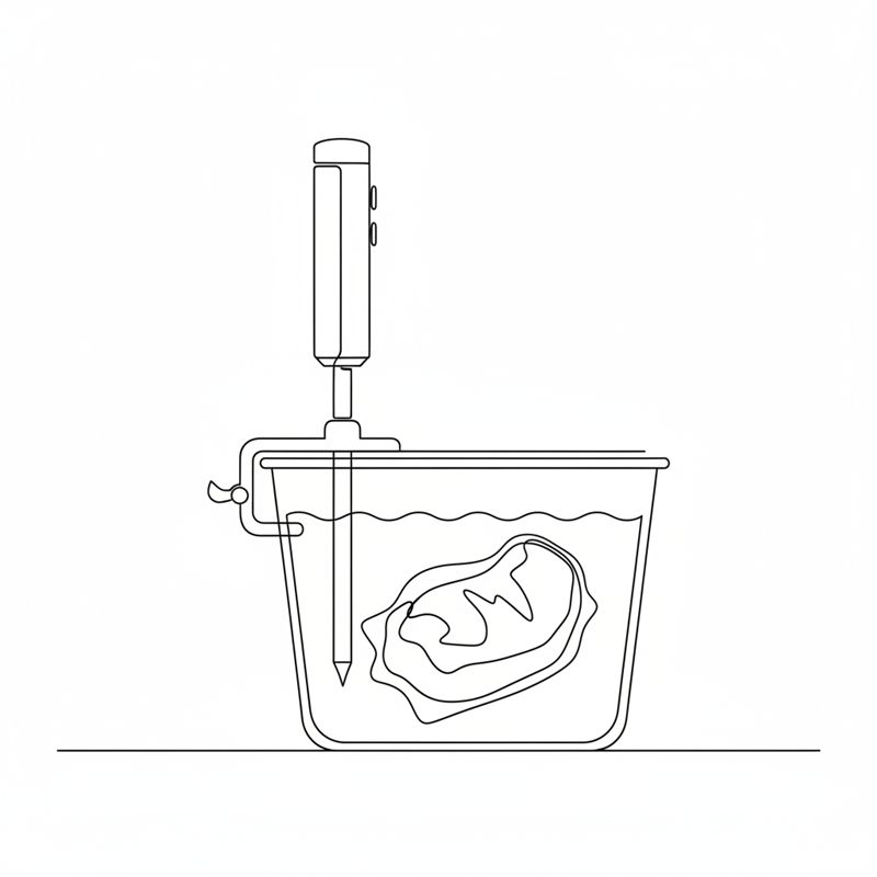 Un circulador sous vide sujeto al borde de una cubeta transparente con agua; la bolsa de vacío con la carne está totalmente sumergida en el fondo