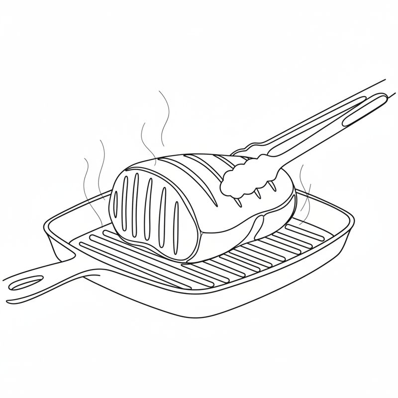 La pieza se marca en una sartén grill estriada; unas pinzas le dan la vuelta