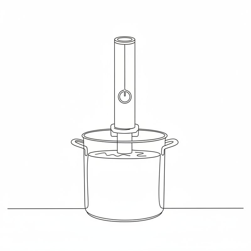 Ilustración: un circulador sous vide sujeto al borde de una olla alta llena de agua