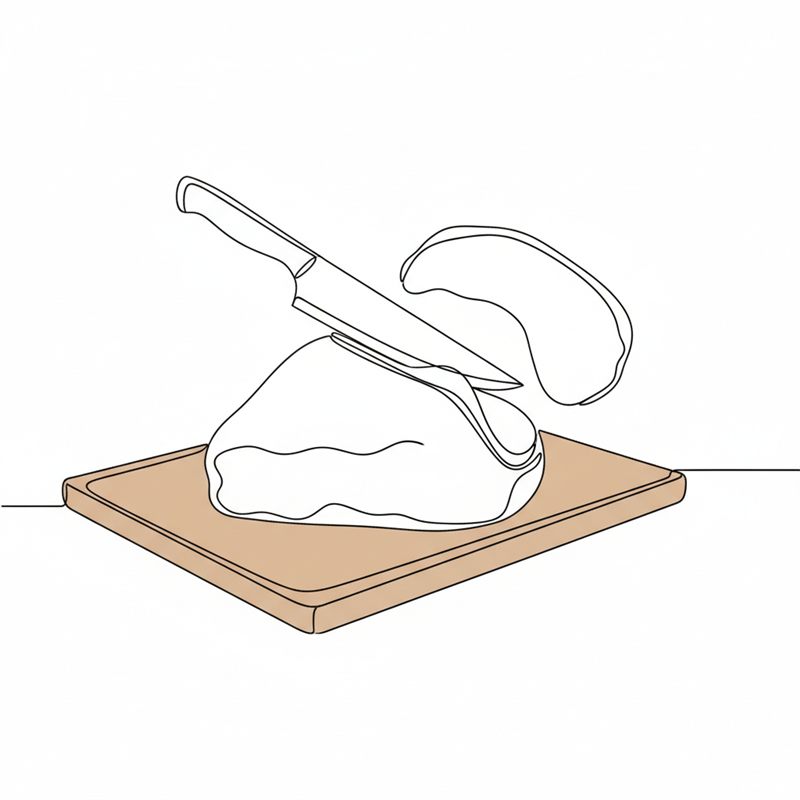 Ilustración: un cuchillo recorta un trozo grueso de grasa sobrante de una pieza de carne cruda sobre una tabla