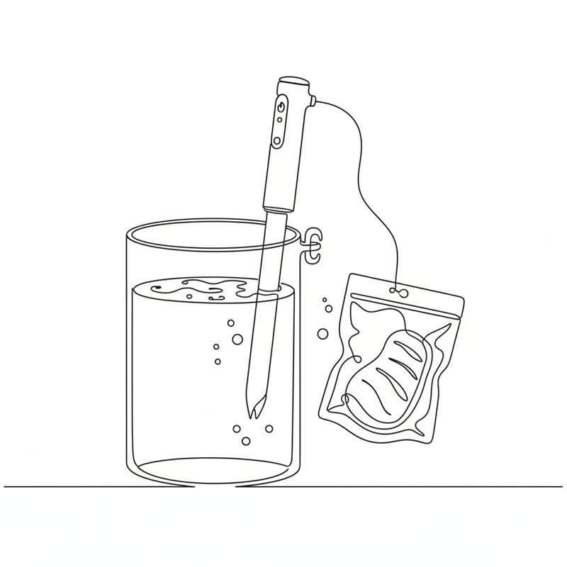 Ilustración: una bolsa de vacío cerrada con carne, sostenida junto a una olla con agua y un circulador sous vide, a punto de introducirse en ella