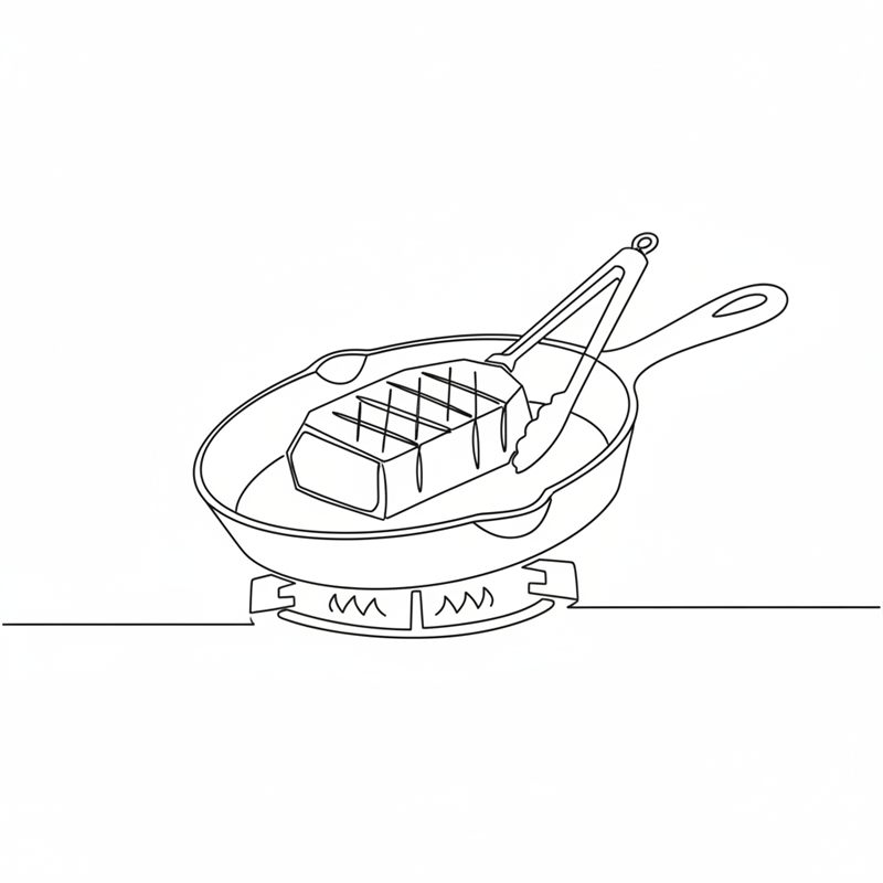Ilustración: una pieza de carne que se marca en una sartén al fuego, con unas pinzas apoyadas en el borde