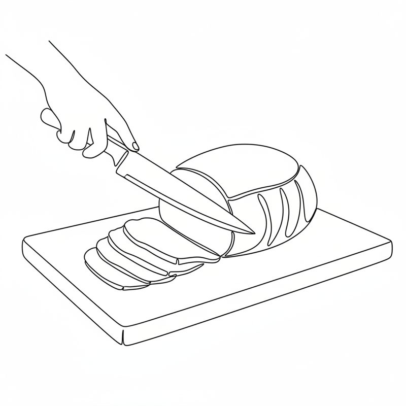 Ilustración: una mano con un cuchillo corta una pieza de carne ya hecha en lonchas finas sobre una tabla, con las lonchas cortadas extendidas al lado