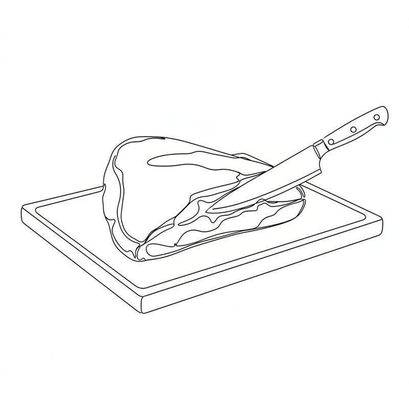 Ilustración: un cuchillo separa el tendón de la cara inferior de una pieza de carne cruda sobre una tabla