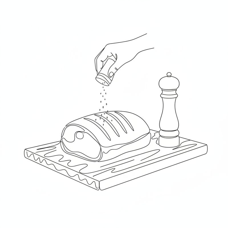 Ilustración: se espolvorea sal sobre una pieza de carne marcada, apoyada en una tabla, con un molinillo de pimienta al lado