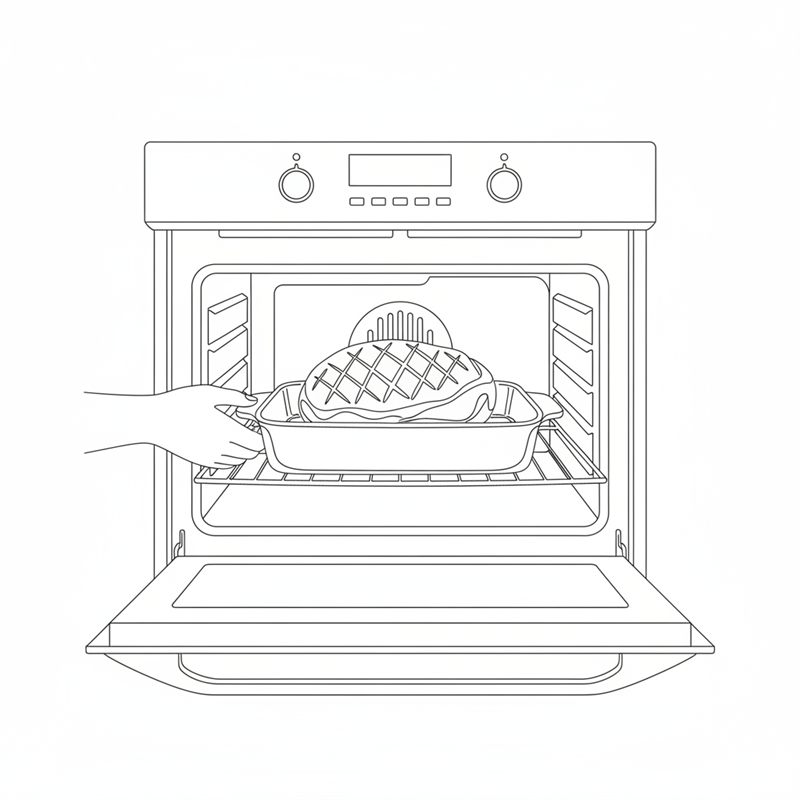 Ilustración: una pieza de carne marcada, en una fuente, que se coloca en la bandeja central de un horno abierto