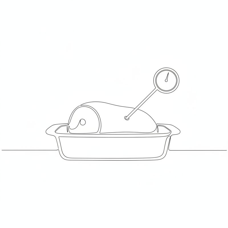 Ilustración: un termómetro de carne con esfera redonda clavado en una pieza dentro de una fuente, con la punta en el centro de la carne