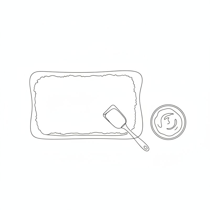 Una plancha de masa vista desde arriba; una espátula reparte el relleno dejando un borde libre alrededor; al lado, un cuenco pequeño con crema