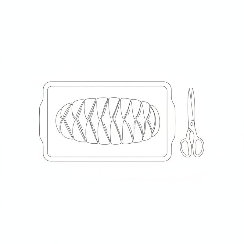 Un cilindro largo y relleno sobre una bandeja de horno, visto desde arriba, cortado en trozos oblicuos que quedan alternados a un lado y a otro, en zigzag; al lado, unas tijeras