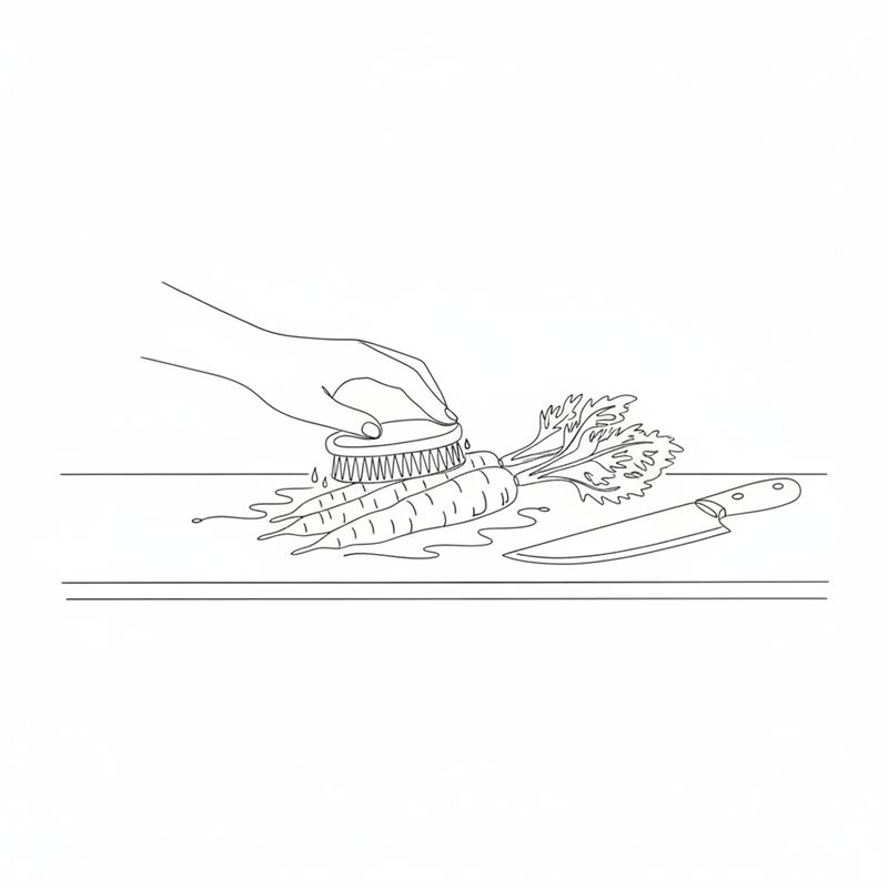 Ilustración: una mano cepilla zanahorias enteras con hojas, con un cuchillo al lado para recortarlas