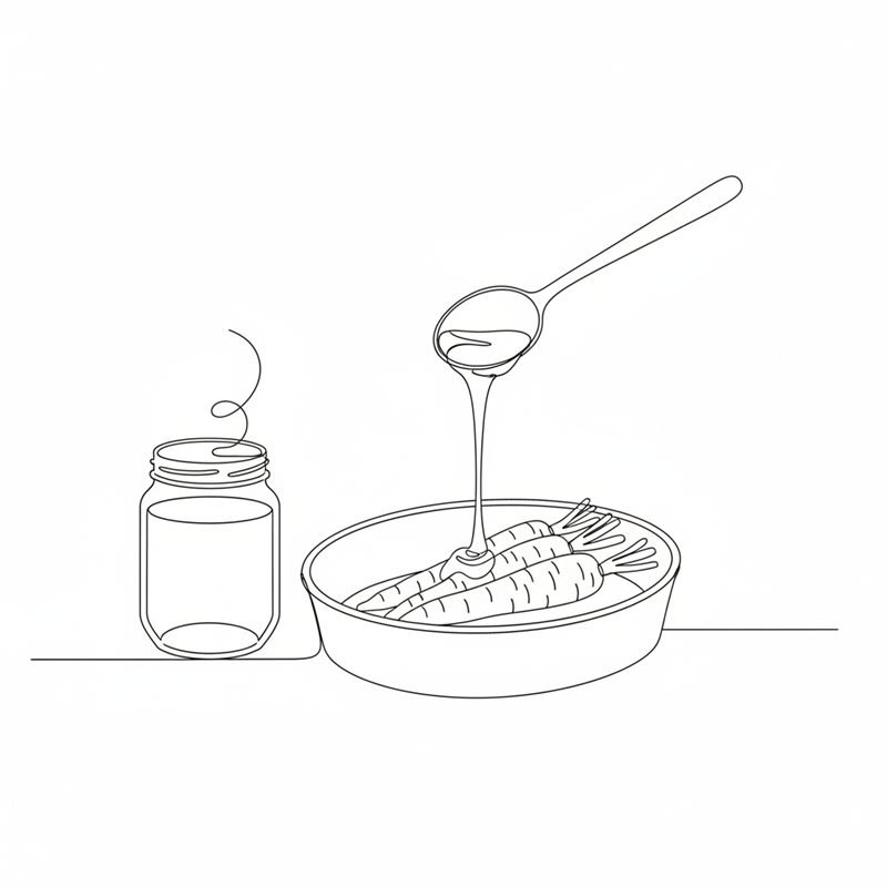 Ilustración: miel líquida cae de una cuchara sobre las zanahorias en la fuente de horno