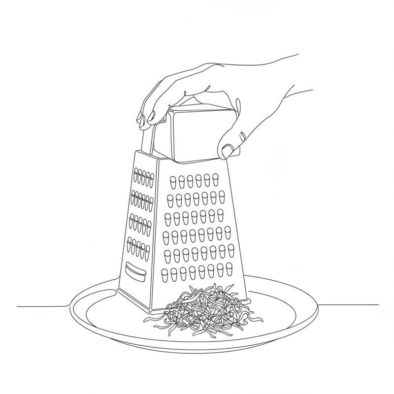 Una mano ralla un bloque de mazapán sobre un rallador de cuatro caras, que está sobre un plato con un montón de mazapán rallado