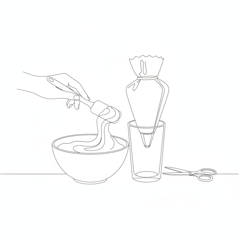 Una mano remueve la masa con una espátula de repostería en un bol; al lado hay una manga pastelera vacía doblada dentro de un vaso alto y unas tijeras delante
