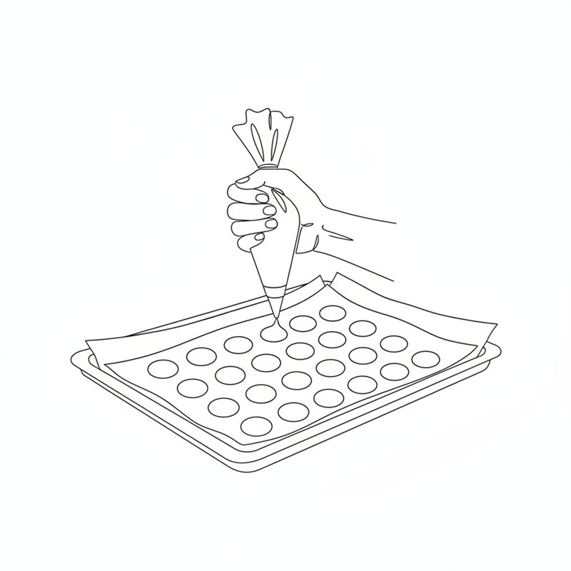 Una mano exprime una manga pastelera y forma montoncitos redondos en filas rectas sobre una bandeja de horno cubierta con papel de horno