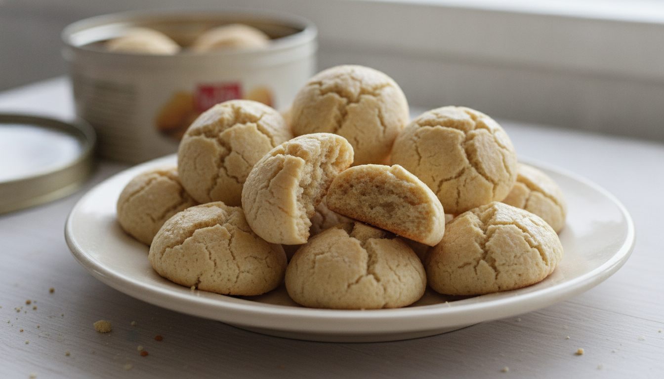 Una docena de galletitas de almendra redondas y abombadas, de color beige dorado y con la superficie muy agrietada, apiladas sin orden sobre un plato blanco en una mesa clara; una está partida por la mitad y otra tiene un bocado, y se ve el interior blando y denso; al fondo, desenfocada, una lata redonda abierta con más galletas y, a la izquierda, su tapa; hay migas sobre la mesa y la luz entra por una ventana