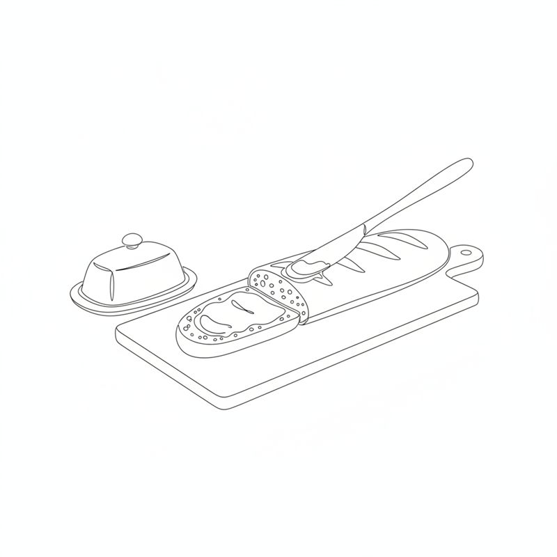 Un cuchillo de untar extiende mantequilla sobre una baguette abierta en una tabla de cortar; al lado hay una mantequera con tapa