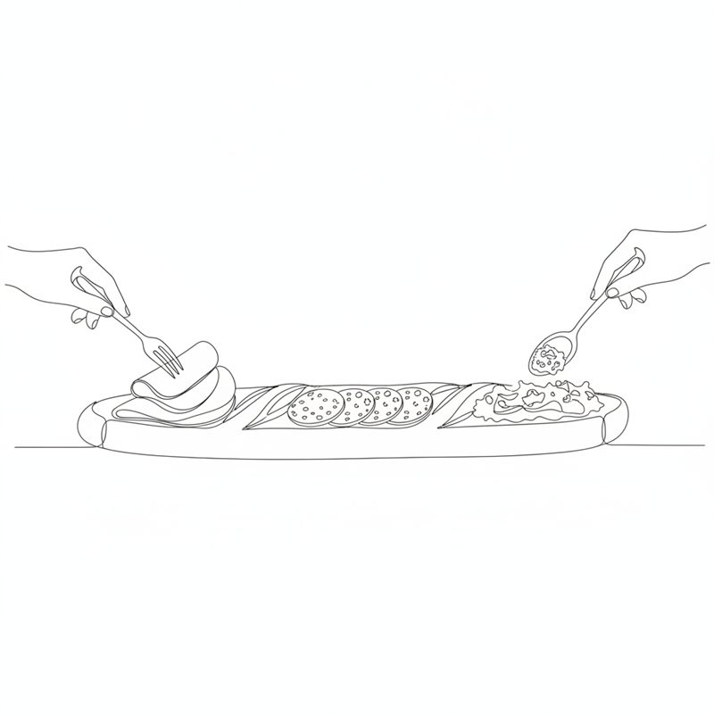 Dos manos, una con un tenedor y otra con una cuchara, colocan lonchas dobladas de jamón cocido y una cucharada de ensaladilla sobre una baguette larga que ya tiene rodajas redondas de embutido en el centro