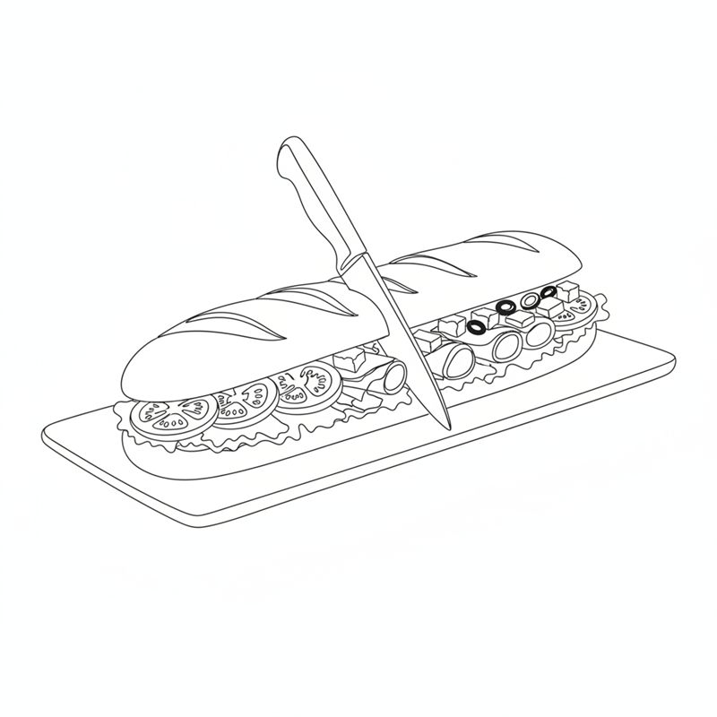 Un cuchillo corta en trozos sobre una tabla una baguette larga rellena y cerrada con tapa, como un sándwich largo con lechuga y tomate