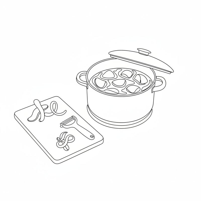 Trozos de patata pelada hierven en una olla con tapa al fuego; al lado, un pelapatatas y las mondas sobre una tabla de cortar