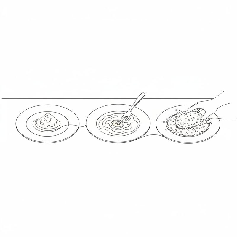 Tres platos en fila con harina, huevo batido con un tenedor y pan rallado; una mano pasa una croqueta por el pan rallado