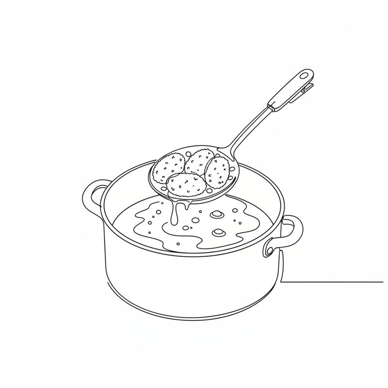 Una espumadera introduce tres croquetas rebozadas en una olla con aceite burbujeante