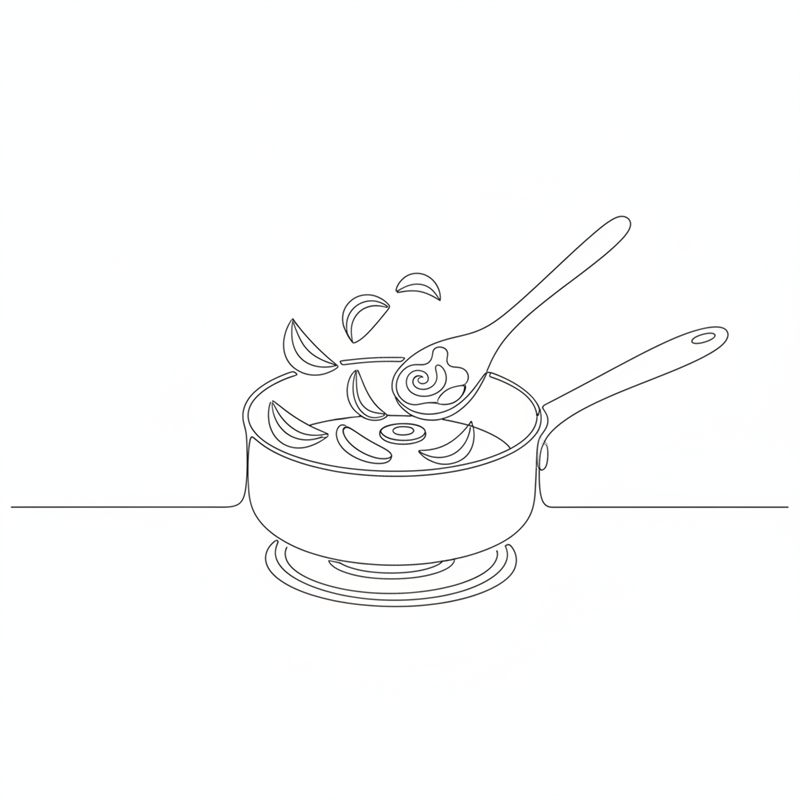 Gajos de cebolla caen en una cazuela sobre un fogón; sobre la cazuela, una cuchara de cocina con una cucharada de pasta de curry