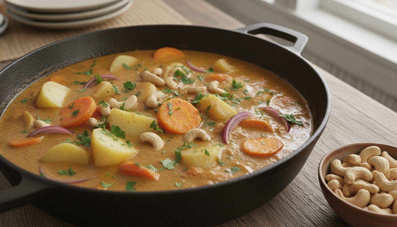 Una cazuela negra de hierro fundido con dos asas sobre una mesa de madera; dentro, trozos de patata, rodajas redondas de zanahoria y tiras finas de cebolla roja en una salsa de curry cremosa de color naranja dorado, con anacardos enteros y perejil picado; abajo a la derecha un cuenquito marrón lleno de anacardos; al fondo a la izquierda platos apilados y a la derecha la luz de una ventana
