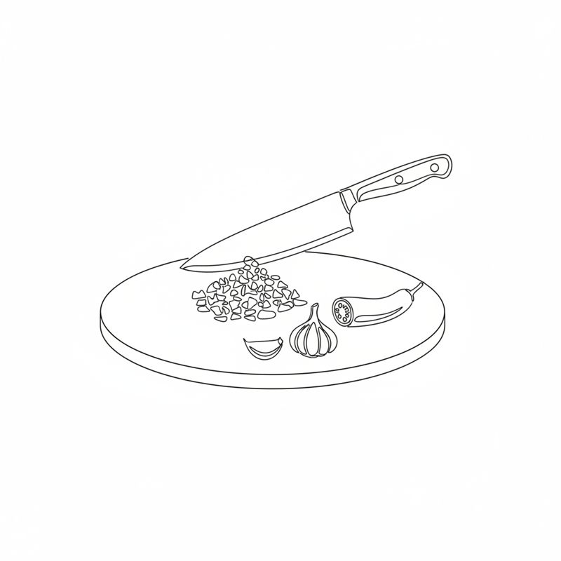 Un cuchillo junto a un montoncito de cebolla muy picada sobre una tabla redonda; al lado, una cabeza de ajo entera, un diente de ajo y una guindilla verde.