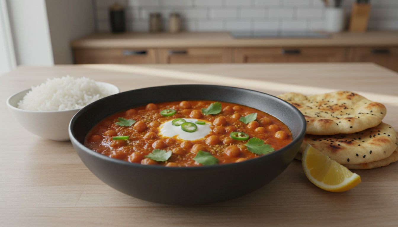 Un bol hondo de color gris oscuro con garbanzos en una salsa de tomate espesa, de color naranja rojizo; en el centro, una cucharada de crème fraîche blanca con finas rodajas de guindilla verde y hojas de cilantro fresco por encima. A la izquierda, un bol blanco con arroz blanco; a la derecha, dos panes naan con semillas negras y un gajo de limón. Mesa de madera clara y una cocina al fondo.