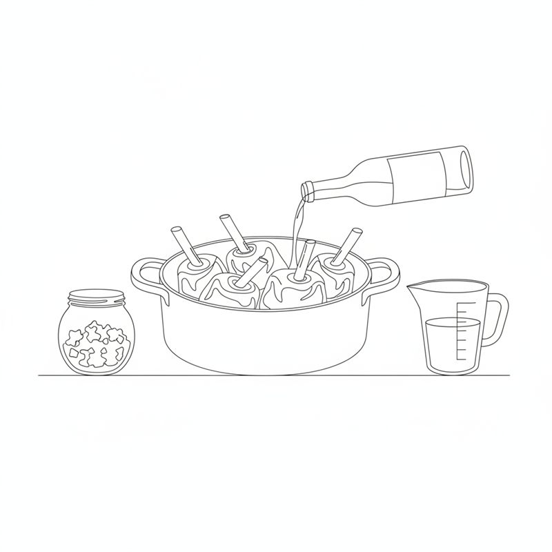 Cae vino tinto de una botella a una cazuela con jarretes de cordero; al lado hay un bote de cristal con tomate y una jarra medidora con caldo