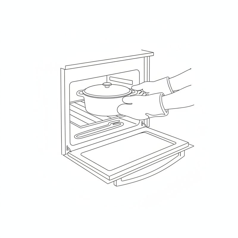 Dos manos con manoplas de cocina meten una cazuela de hierro con tapa en un horno con la puerta abierta