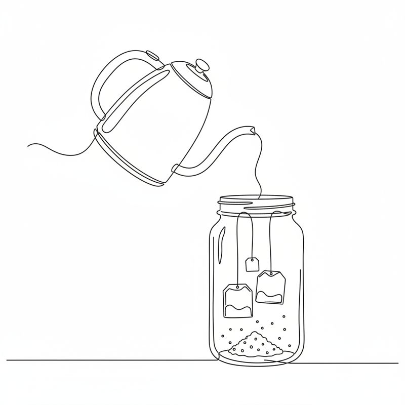 Un hervidor vierte agua hirviendo en un frasco grande de cristal que tiene dos bolsitas de té y un montoncito de azúcar en el fondo.