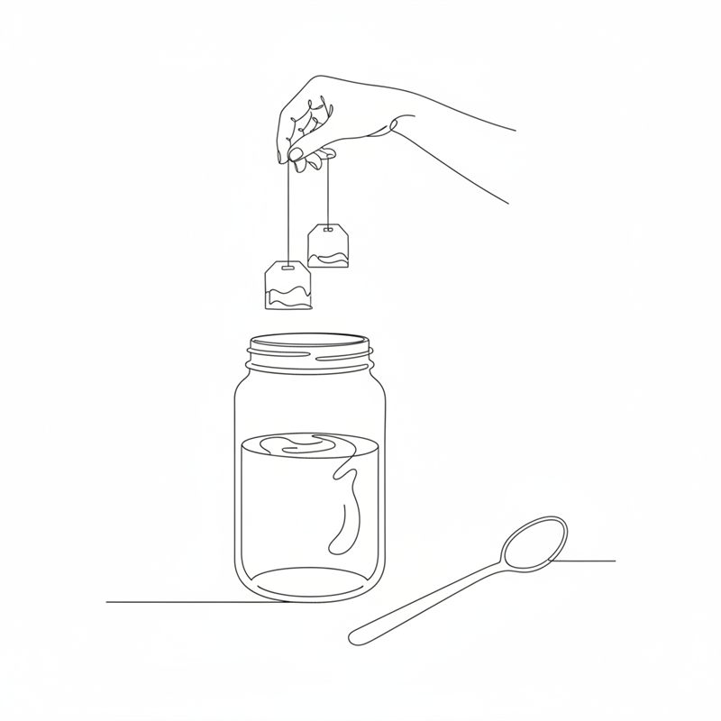 Una mano levanta dos bolsitas de té de un vaso con té; una cuchara descansa junto al vaso.