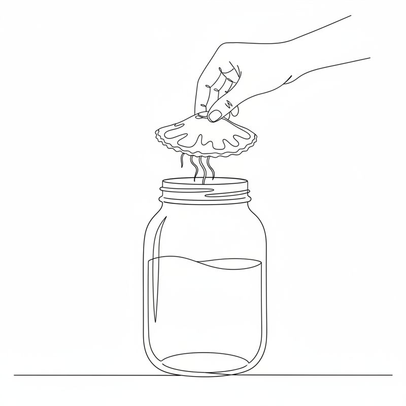 Una mano baja un SCOBY plano, de bordes ondulados y con trocitos que cuelgan, hacia un frasco de cristal con té.