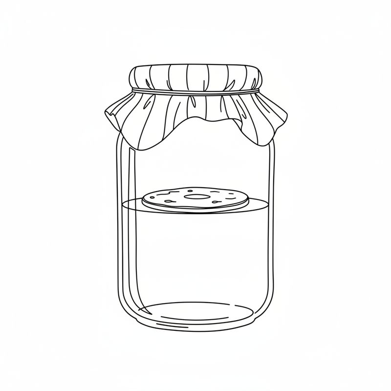 Un frasco con té y un SCOBY plano en la superficie, cubierto con un trozo de tela sujeto al cuello con una goma elástica.