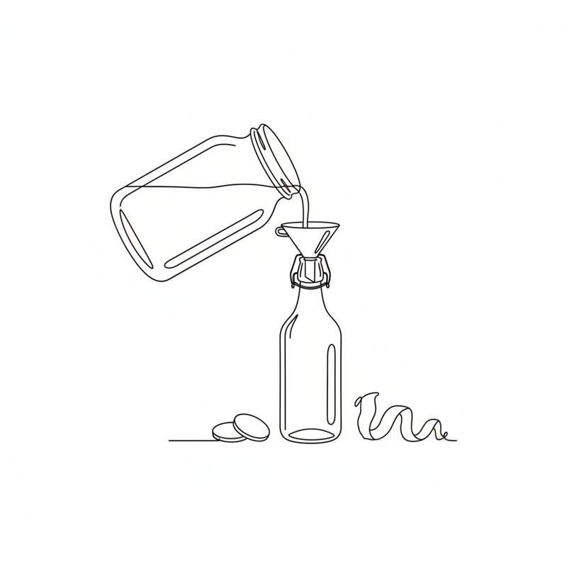 Kombucha que se vierte desde un frasco, a través de un embudo, a una botella con cierre mecánico; al lado, dos rodajas de jengibre y una tira de piel de limón enrollada.