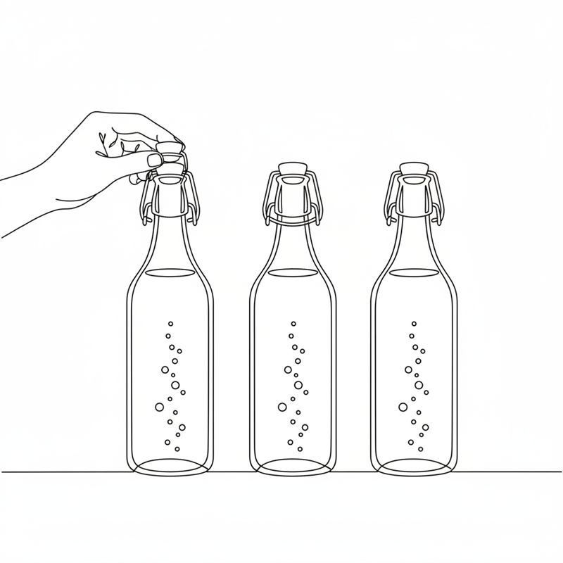 Una mano abre el cierre mecánico de una de las tres botellas; se ven pequeñas burbujas dentro de las botellas.