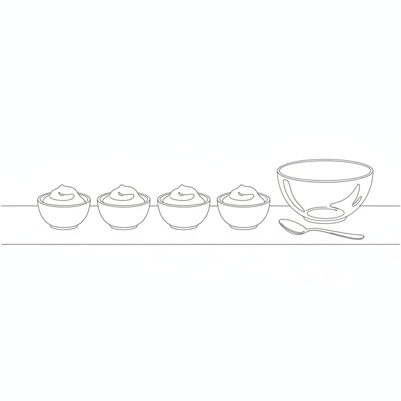 Cuatro cuencos pequeños llenos de mousse alineados sobre una mesa; al lado, un cuenco vacío para mezclar y una cuchara