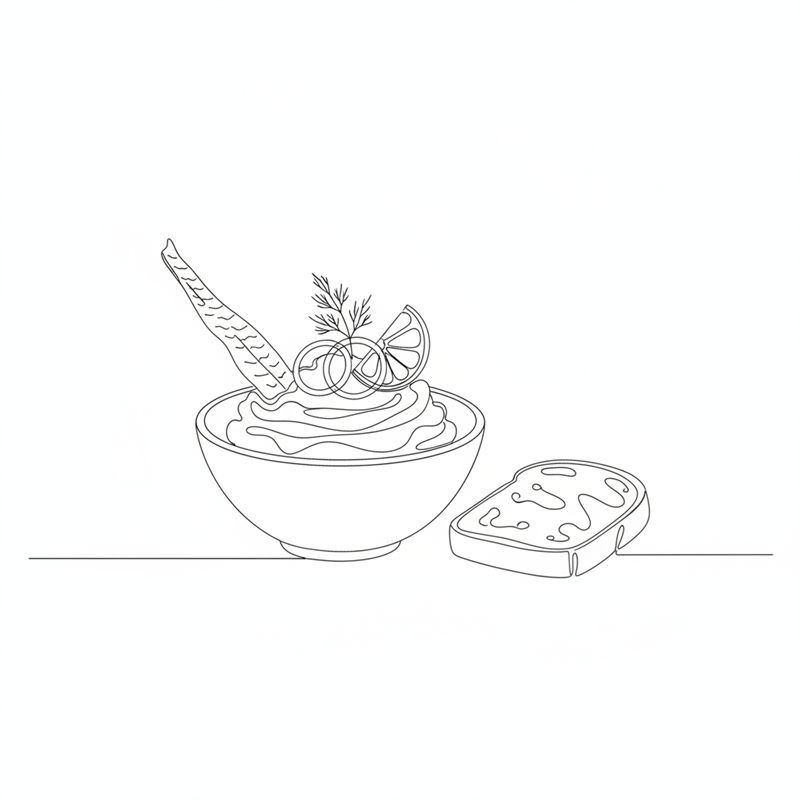 Un cuenco de mousse de salmón decorado con aros de cebolla morada, una rodaja de limón y una ramita de eneldo, con una tira crujiente de piel de salmón que sobresale; una rebanada de pan al lado